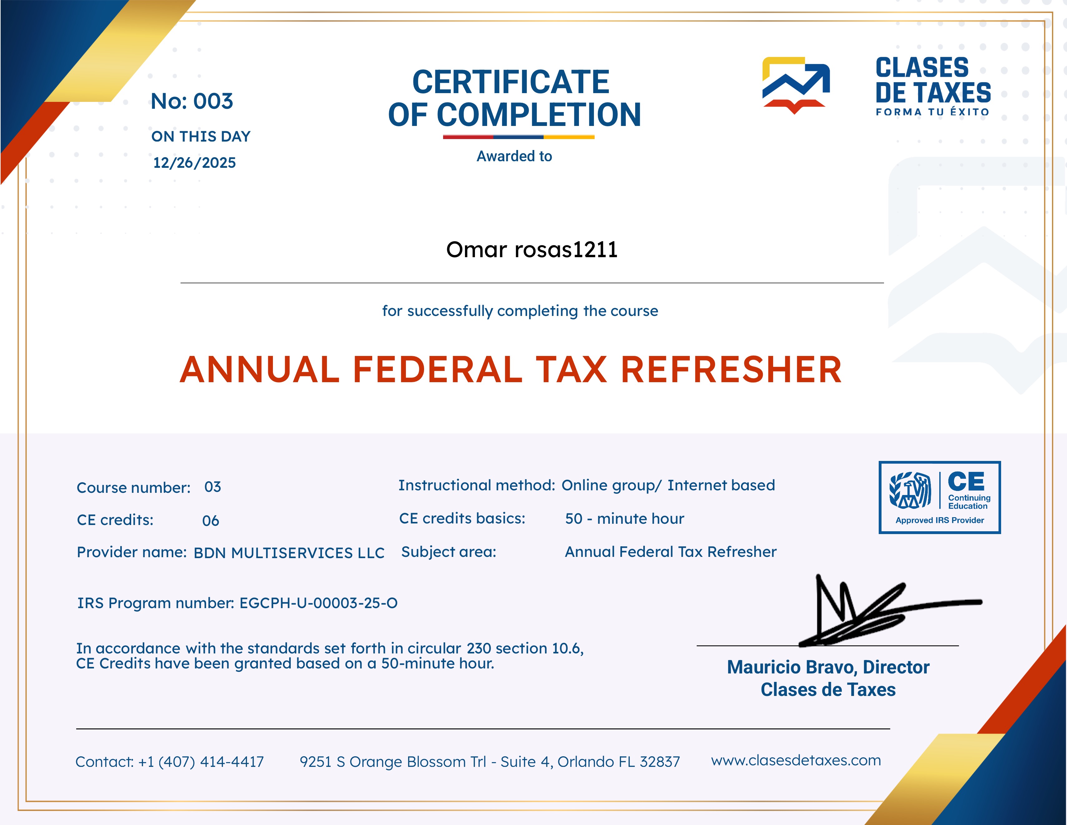 Annual Federal Tax Refresher en Vivo